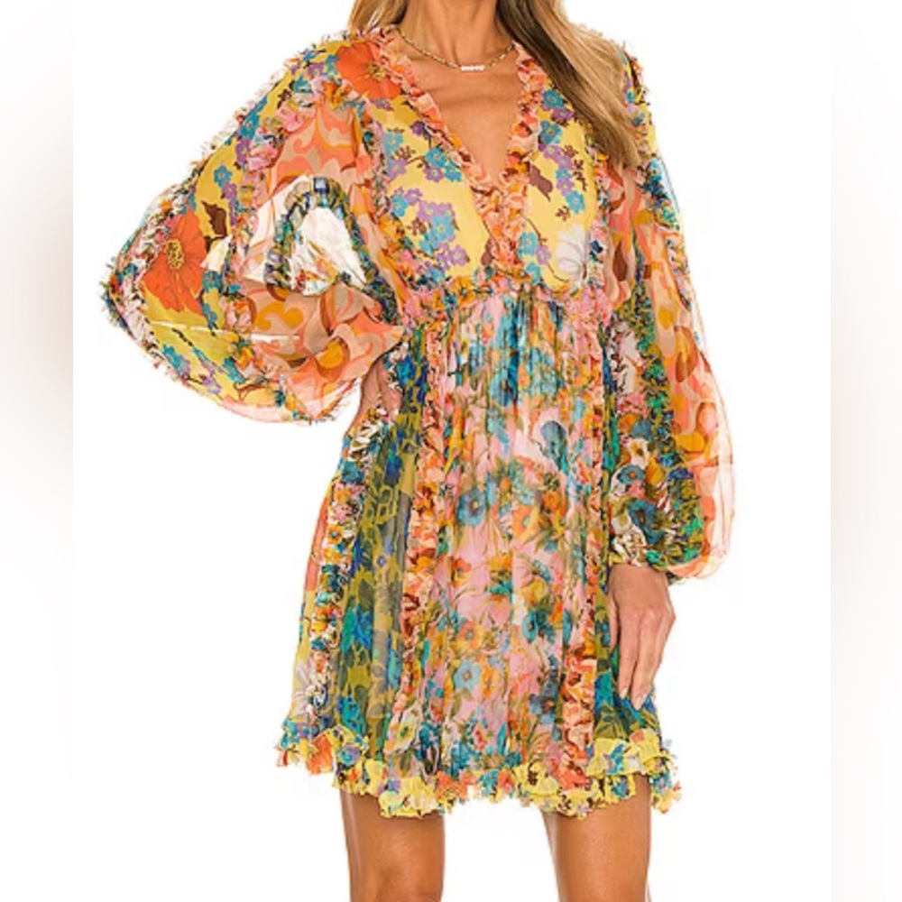 Zimmermann Multicolor Floral Ruffle Silk Dress